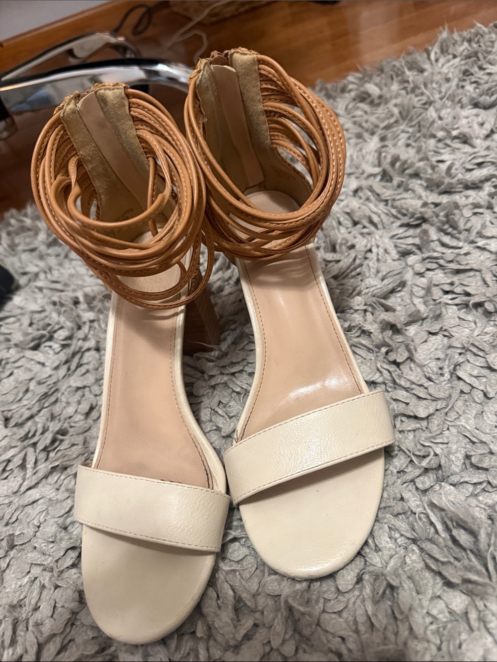 Woven Heel Ankle-Tie Wedge Sandals in Cream and Tan - Picture 6 of 11